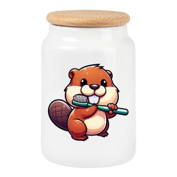 Beaver - Cookie Jar with Wooden Lid - white - Front