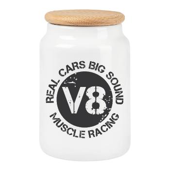V8 Emblème Voiture Logo Musclecars Moteur Son Icône - Boîte à biscuits avec couvercle en bois - blanc - Devant