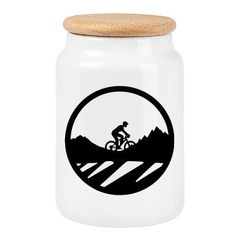 Dessin de cycliste de vélo de montagne - Boîte à biscuits avec couvercle en bois - blanc - Devant