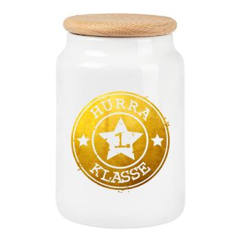 Hurra 1. Klasse - goldenes Emblem mit Stern  - Keksdose mit Holzdeckel - Weiß - Vorne