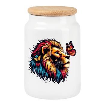 Lion et papillon - Boîte à biscuits avec couvercle en bois - blanc - Devant