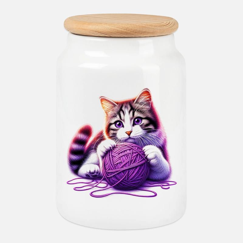 Katze spielt mit einem Wollknäuel - Keksdose mit Holzdeckel - Weiß