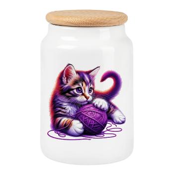 Cat plays with a ball of yarn - Cookie Jar with Wooden Lid - white - Front