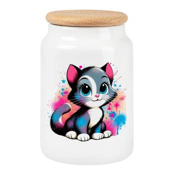 Cat - Cookie Jar with Wooden Lid - white - Front