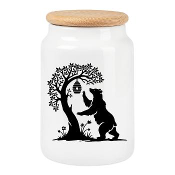 charming bear as a honey thief on a beehive - Cookie Jar with Wooden Lid - white - Front