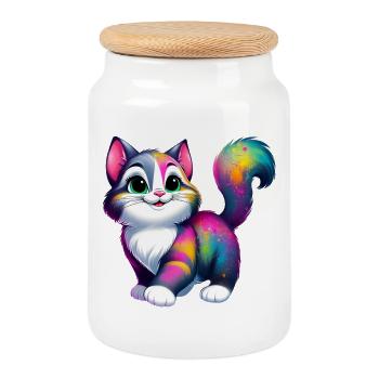 Cat - Cookie Jar with Wooden Lid - white - Front