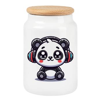 Motif mignon de casque panda - Boîte à biscuits avec couvercle en bois - blanc - Devant