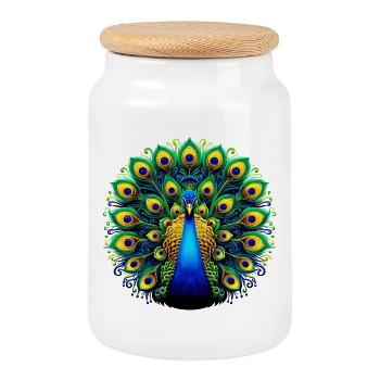Peacock - Cookie Jar with Wooden Lid - white - Front