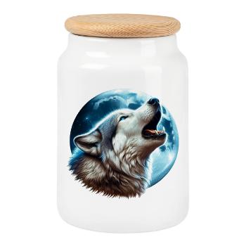 Le loup hurle à la pleine lune - Boîte à biscuits avec couvercle en bois - blanc - Devant