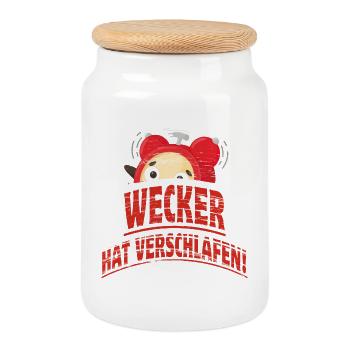 Wecker hat verschlafen - Keksdose mit Holzdeckel - Weiß - Vorne