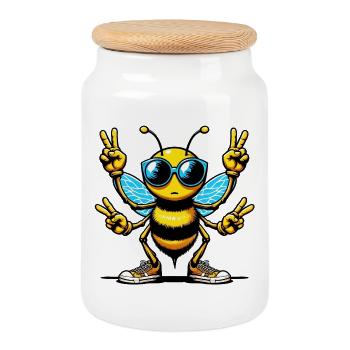 Bee with Sunglasses - Cookie Jar with Wooden Lid - white - Front