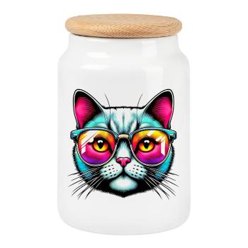 Chat avec des lunettes de soleil - Boîte à biscuits avec couvercle en bois - blanc - Devant