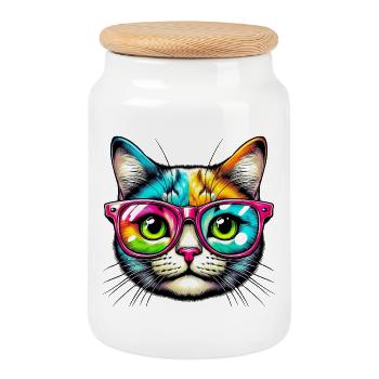 Chat avec des lunettes de soleil - Boîte à biscuits avec couvercle en bois - blanc - Devant