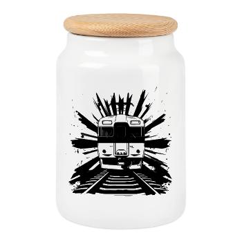 Railway Sketch - Cookie Jar with Wooden Lid - white - Front