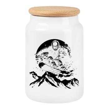 Snowboarder Drawing - Cookie Jar with Wooden Lid - white - Front