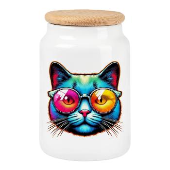 Chat avec des lunettes de soleil - Boîte à biscuits avec couvercle en bois - blanc - Devant