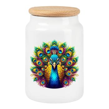 Peacock - Cookie Jar with Wooden Lid - white - Front