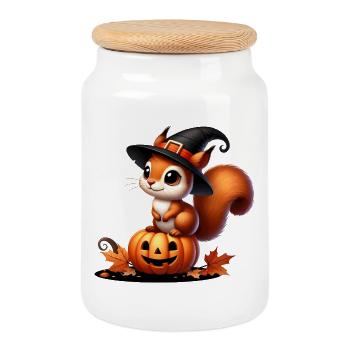 niedliches Halloween-Eichhörnchen:Süßer Gruselspaß - Keksdose mit Holzdeckel - Weiß - Vorne