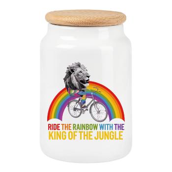 Lion chevauchant l’arc-en-ciel avec texte de la jungle - Boîte à biscuits avec couvercle en bois - blanc - Devant