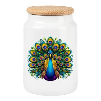Peacock - Cookie Jar with Wooden Lid - white - Front