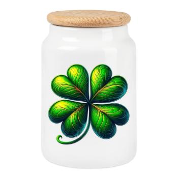 Four-leaf clover - Cookie Jar with Wooden Lid - white - Front