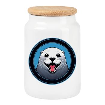 Cheerful seal - Cookie Jar with Wooden Lid - white - Front