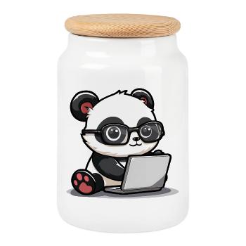 Panda Cartoon Working on Laptop with Glasses - Cookie Jar with Wooden Lid - white - Front
