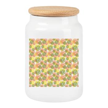 Fruit Lemon Orange Pattern - Cookie Jar with Wooden Lid - white - Front