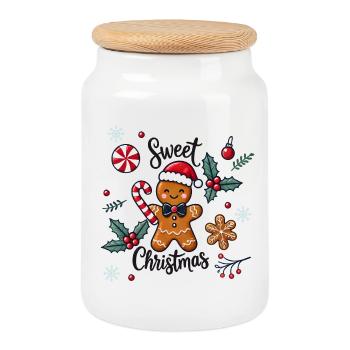 Joyeux bonhomme en pain d’épice avec canne à sucre - Boîte à biscuits avec couvercle en bois - blanc - Devant