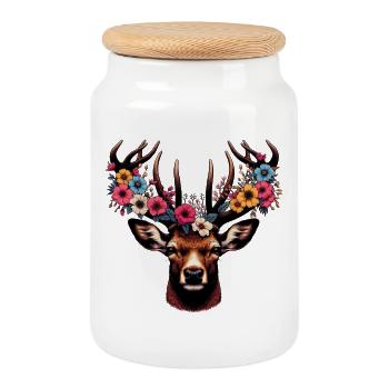 Deer with Flowers - Cookie Jar with Wooden Lid - white - Front