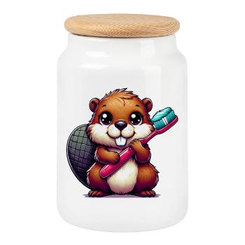 Beaver - Cookie Jar with Wooden Lid - white - Front
