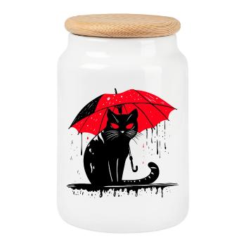 Chat avec parapluie – mauvais temps - Boîte à biscuits avec couvercle en bois - blanc - Devant