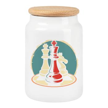 Chess Pieces Graphics - Cookie Jar with Wooden Lid - white - Front