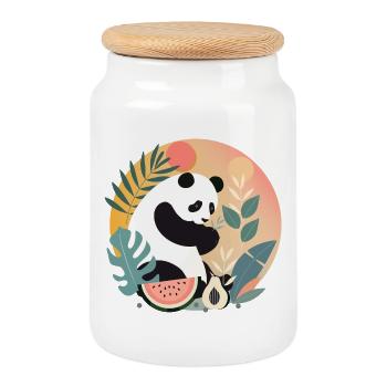 Panda with exotic plants and fruits - Cookie Jar with Wooden Lid - white - Front