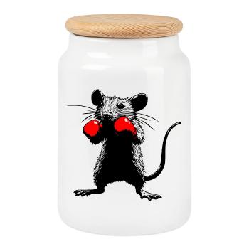 Urban Fighter : Rat de boxe - Boîte à biscuits avec couvercle en bois - blanc - Devant