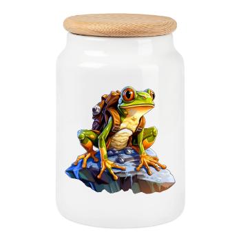 Frog Mountaineer / Hiking Frogs - Cookie Jar with Wooden Lid - white - Front