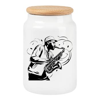 Dessin de saxophoniste - Boîte à biscuits avec couvercle en bois - blanc - Devant