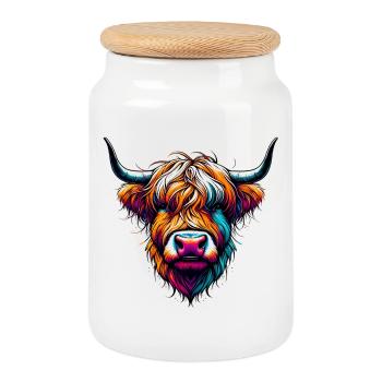 Scottish Highland Cow - Cookie Jar with Wooden Lid - white - Front