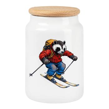 Skifahrer Dachs - Keksdose mit Holzdeckel - Weiß - Vorne