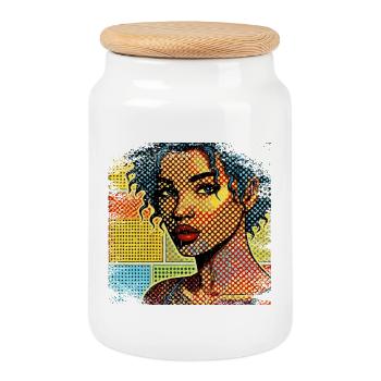Women Pop Art Style - Cookie Jar with Wooden Lid - white - Front