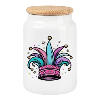 Narrenmütze Narrenkappe für Karneval und Fasching - Keksdose mit Holzdeckel - Weiß - Vorne