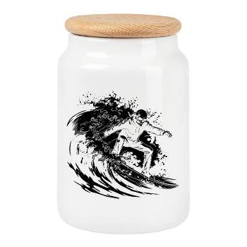 Surfing Skeleton Drawing - Cookie Jar with Wooden Lid - white - Front
