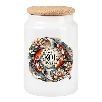Koi Fish Design for Handmade - Cookie Jar with Wooden Lid - white - Front