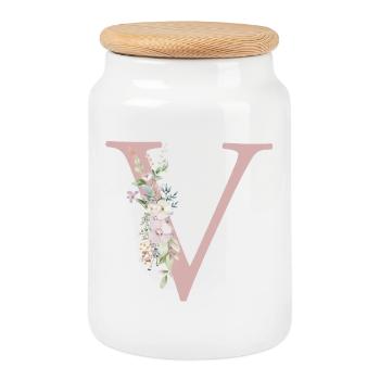 V Monogramme, Floral, Personnalisable - Boîte à biscuits avec couvercle en bois - blanc - Devant