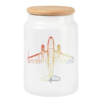 Vintage Airplane Line Art - Cookie Jar with Wooden Lid - white - Front