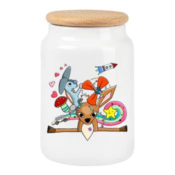 Cute Deer, Bunny Collage with Rainbow - Cookie Jar with Wooden Lid - white - Front