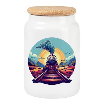Railway Portrait - Cookie Jar with Wooden Lid - white - Front