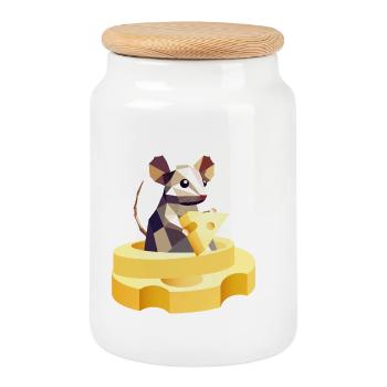 Souris joueuse tenant un gros morceau de fromage - Boîte à biscuits avec couvercle en bois - blanc - Devant