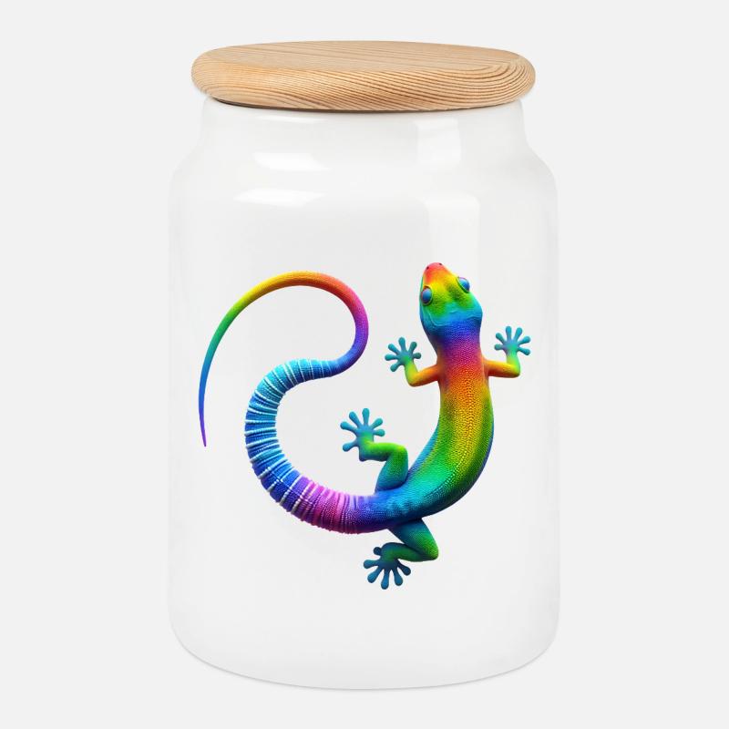 Regenbogen Gecko - Keksdose mit Holzdeckel - Weiß