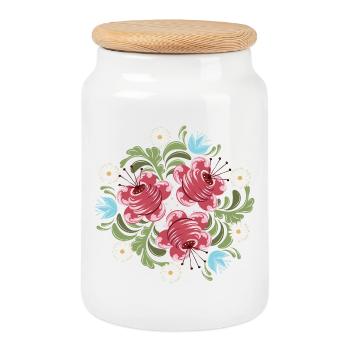 Roses with Flowers – Peasant Painting Inspired Motif - Cookie Jar with Wooden Lid - white - Front